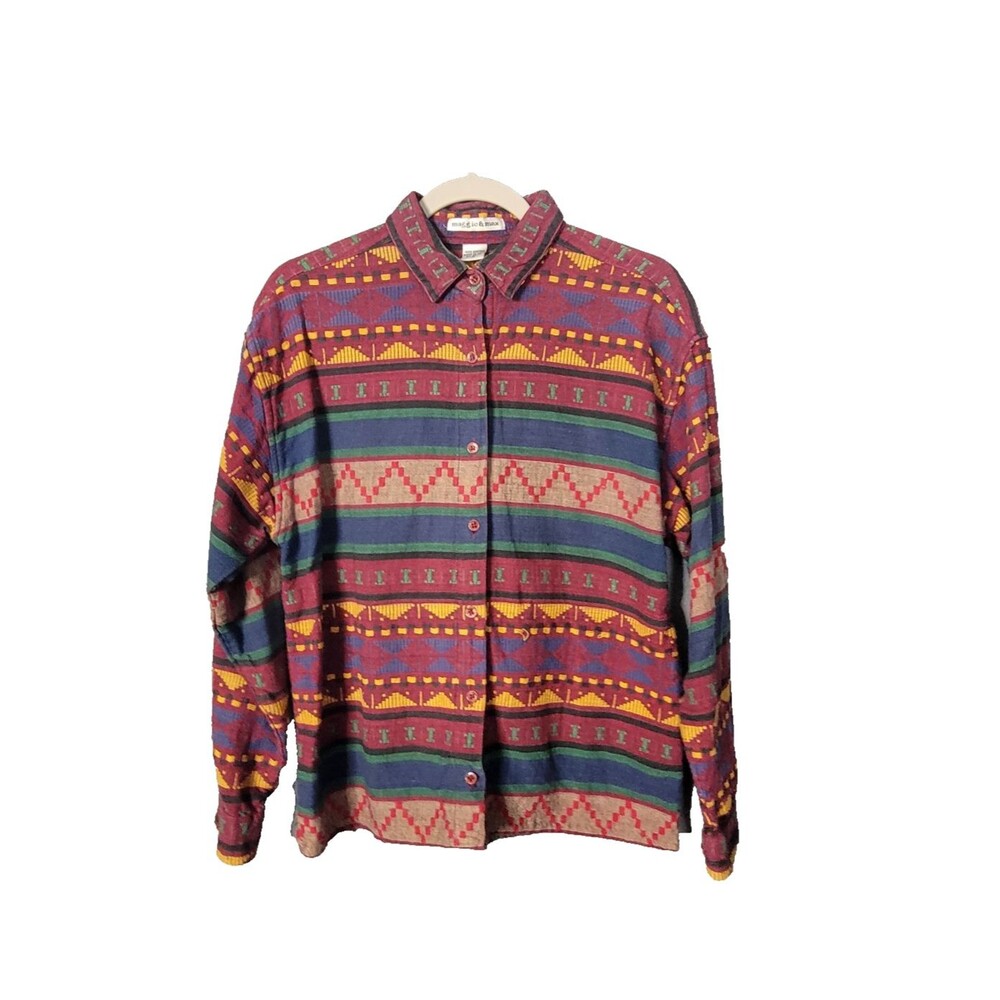 Vintage Maggie & Max Shirt  Med Geo Aztec Stripe Print 100% Cotton Button Down